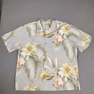 Tommy Bahama Pure Silk Hawaiian Shirt 2XL 3XL Blue Palm Floral Print Loop Collar